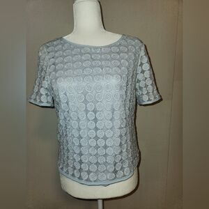 Adiva Pale Ice Powder Blue Embroidered Lace Short Sleeve Blouse Medium M EUC
